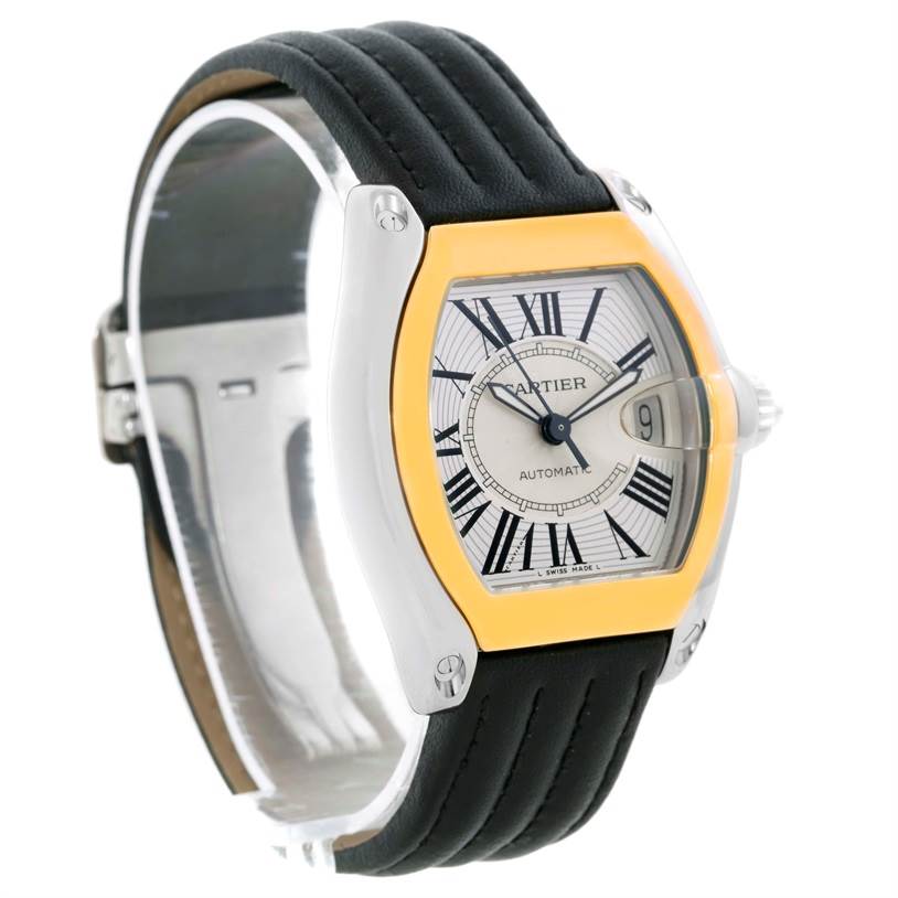 The image shows a Cartier Roadster W62031Y4 Men
s Steel and Gold (two tone) Silver Dial W62031Y4 Men
s Steel and Gold (two tone) Silver Dial model watch angled from the front left, highlighting the dial, bezel, and strap.