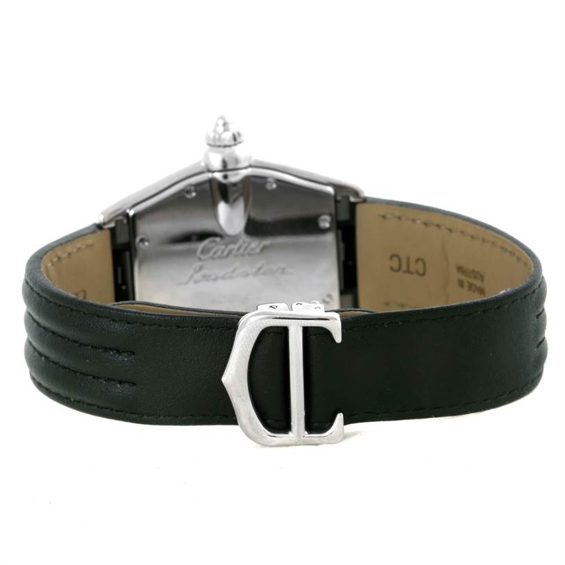 The image shows the back of the Cartier Roadster W62031Y4 Men
s Steel and Gold (two tone) Silver Dial W62031Y4 Men
s Steel and Gold (two tone) Silver Dial watch, highlighting the strap and clasp with the Cartier logo.