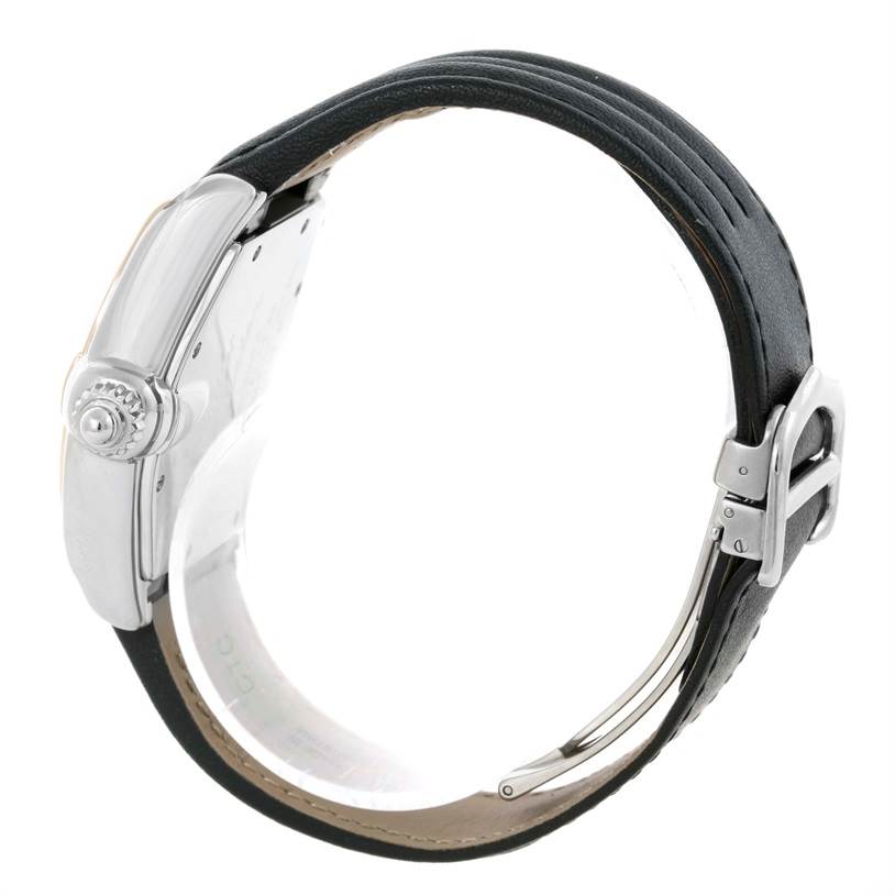 This image shows a side view of the Cartier Roadster W62031Y4 Men
s Steel and Gold (two tone) Silver Dial W62031Y4 Men
s Steel and Gold (two tone) Silver Dial watch, highlighting the crown, case, and part of the strap with its clasp.