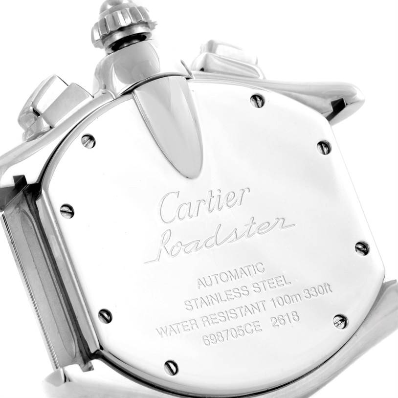 The image shows the back case of a Cartier Roadster W62020X6 Men
s Stainless Steel Black Dial W62020X6 Men
s Stainless Steel Black Dial watch, highlighting its stainless steel material and engravings.