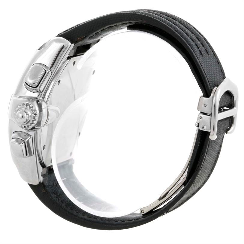 The image shows a side view of the Cartier Roadster W62020X6 Men
s Stainless Steel Black Dial W62020X6 Men
s Stainless Steel Black Dial watch, highlighting the crown and stainless steel case with a black leather strap.