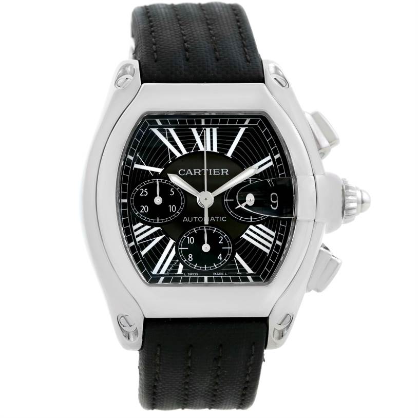The image shows a front view of the Cartier Roadster W62020X6 Men
s Stainless Steel Black Dial W62020X6 Men
s Stainless Steel Black Dial watch, highlighting its black dial, Roman numerals, sub-dials, and black strap.