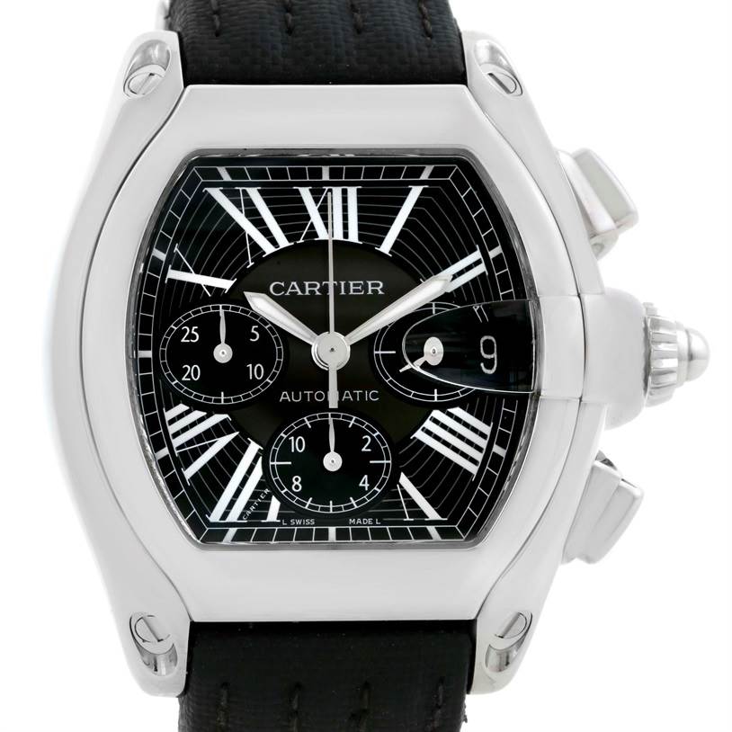 This image shows a front view of the Cartier Roadster W62020X6 Men
s Stainless Steel Black Dial W62020X6 Men
s Stainless Steel Black Dial watch, highlighting its dial, crown, and strap attachment.