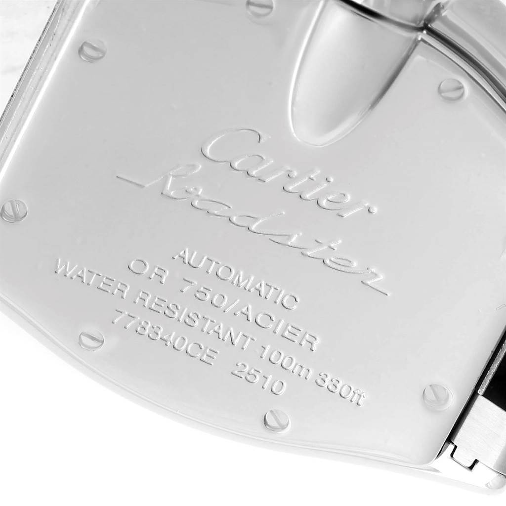 The image shows the back case of a Cartier Roadster W62031Y4 Men's Steel and Gold (two tone) Silver Dial W62031Y4 Men's Steel and Gold (two tone) Silver Dial watch, displaying information about its specifications and water resistance.