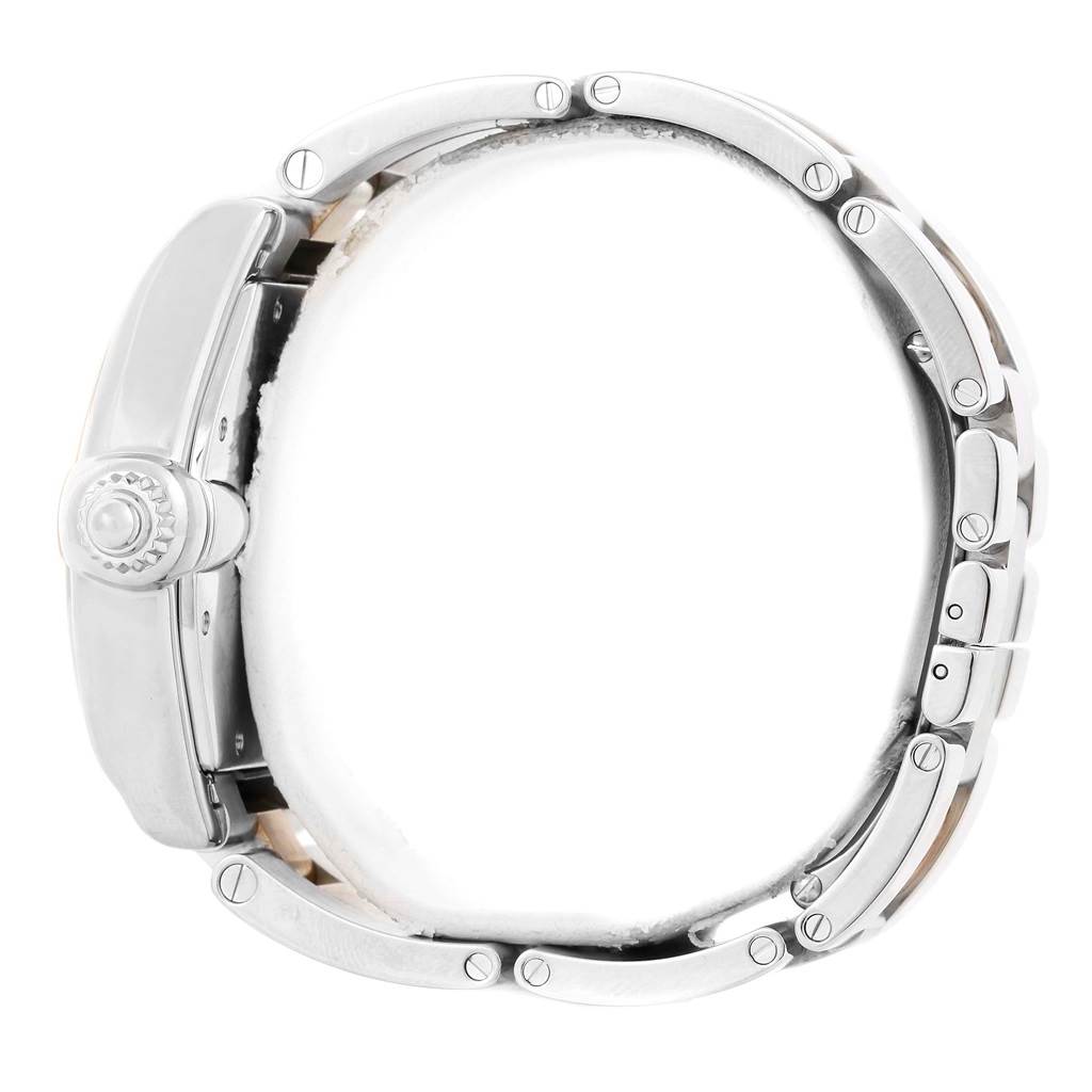 This image shows a side view of the Cartier Roadster W62031Y4 Men's Steel and Gold (two tone) Silver Dial W62031Y4 Men's Steel and Gold (two tone) Silver Dial watch, focusing on the bracelet and crown.