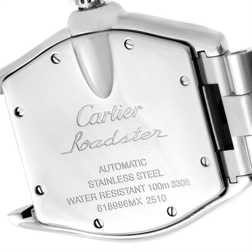 The image shows the back case and part of the bracelet clasp of a Cartier Roadster W62041V3 Men's Stainless Steel Black Dial W62041V3 Men's Stainless Steel Black Dial watch.