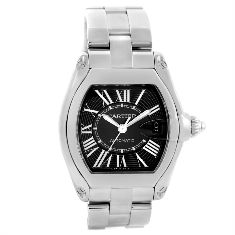 This is a Cartier Roadster W62041V3 Men's Stainless Steel Black Dial W62041V3 Men's Stainless Steel Black Dial watch shown from a top-down angle, displaying the case, dial, crown, and part of the bracelet.