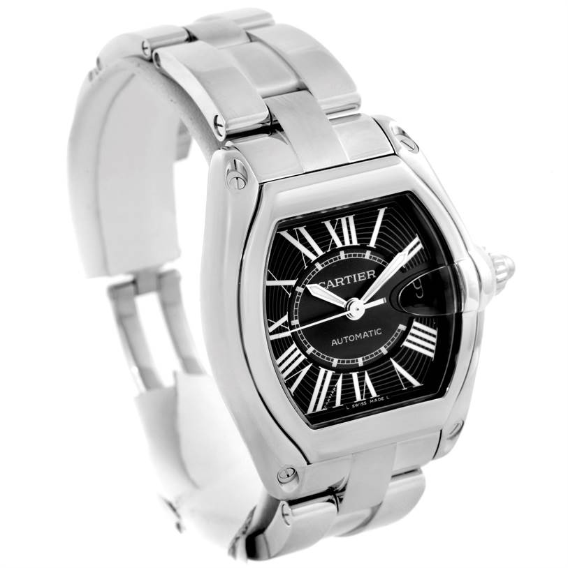 The image shows a Cartier Roadster W62041V3 Men's Stainless Steel Black Dial W62041V3 Men's Stainless Steel Black Dial watch at an angled view, highlighting its face, bezel, and bracelet.