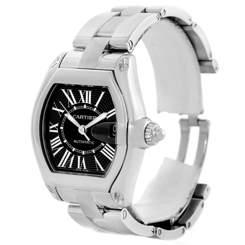 This image shows a Cartier Roadster W62041V3 Men's Stainless Steel Black Dial W62041V3 Men's Stainless Steel Black Dial watch at a three-quarter angle, highlighting its face, bezel, and part of its stainless steel bracelet.
