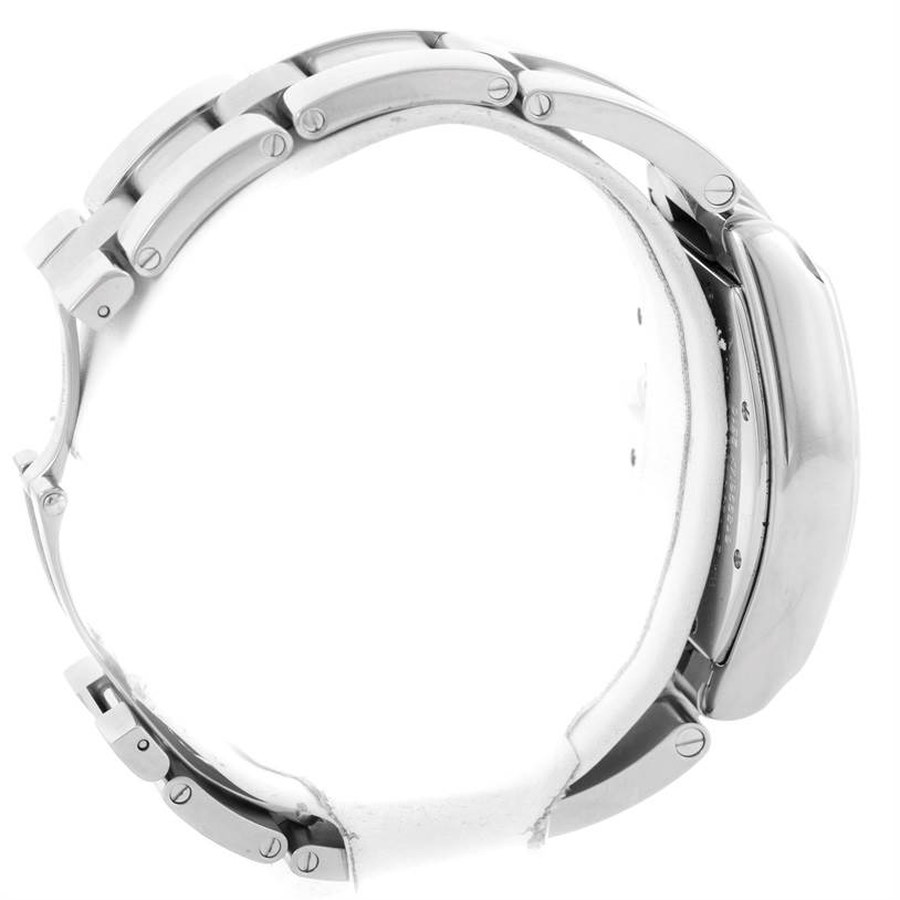 This side profile view shows the bracelet and case of the Roadster model by Cartier.