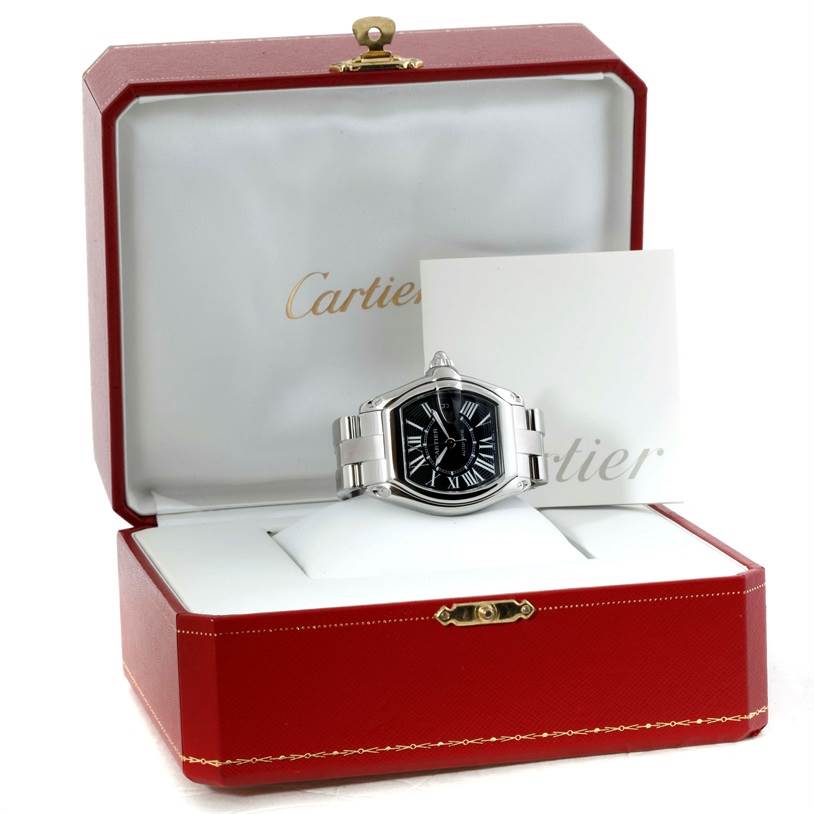 This Cartier Roadster W62041V3 Men's Stainless Steel Black Dial W62041V3 Men's Stainless Steel Black Dial watch is displayed front-facing in its open red jewelry box.