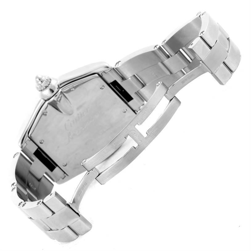 The image shows the back and clasp of a Cartier Roadster W62041V3 Men's Stainless Steel Black Dial W62041V3 Men's Stainless Steel Black Dial watch, highlighting its stainless steel bracelet and deployment clasp.