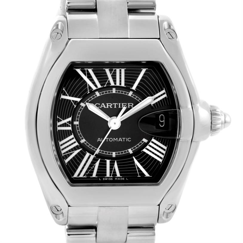 The image shows a front view of a Cartier Roadster W62041V3 Men's Stainless Steel Black Dial W62041V3 Men's Stainless Steel Black Dial watch, displaying the dial, case, bezel, bracelet, and crown.