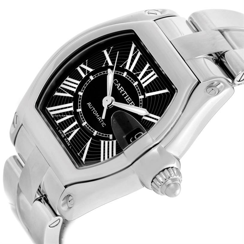 The image shows a close-up angle of the Cartier Roadster W62041V3 Men's Stainless Steel Black Dial W62041V3 Men's Stainless Steel Black Dial watch, highlighting the dial, bezel, crown, and part of the bracelet.