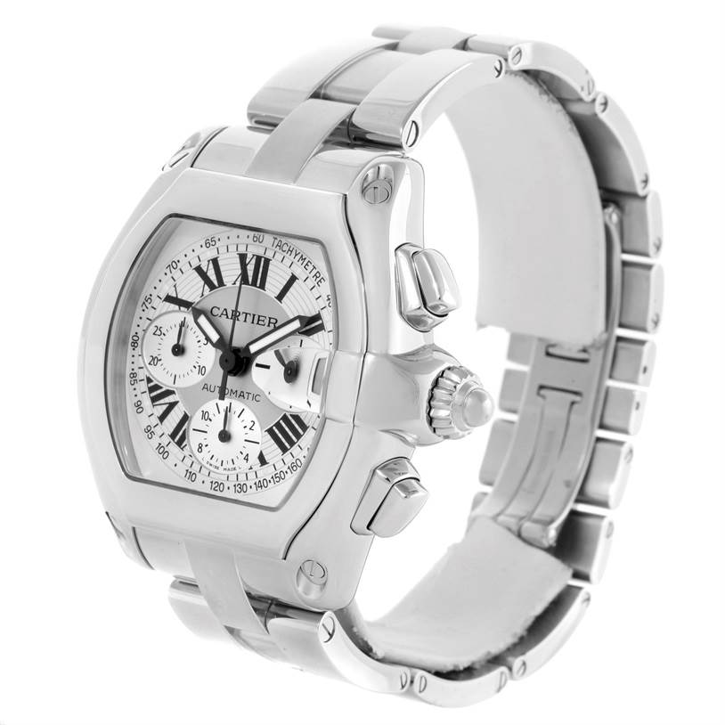 The image shows a Cartier Roadster W62006X6 Men's Stainless Steel Silver Dial W62006X6 Men's Stainless Steel Silver Dial watch at a three-quarter angle highlighting its face, crown, and bracelet.