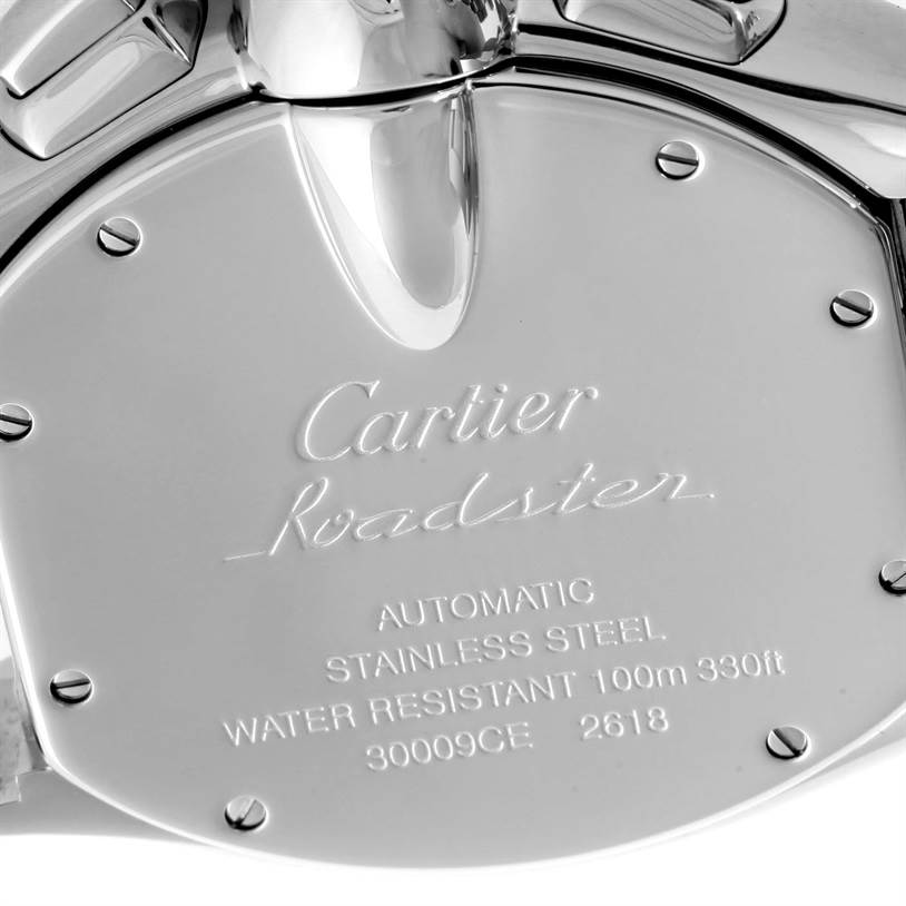 The image shows the back case of a Cartier Roadster W62006X6 Men's Stainless Steel Silver Dial W62006X6 Men's Stainless Steel Silver Dial watch, highlighting the engraved model details.
