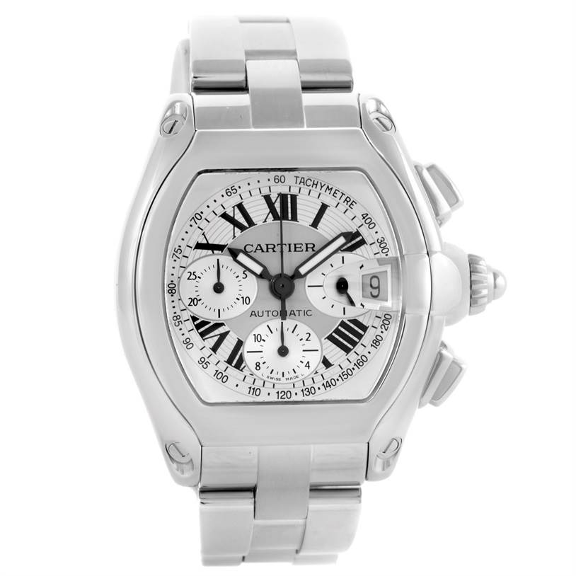The image shows a front view of a Cartier Roadster W62006X6 Men's Stainless Steel Silver Dial W62006X6 Men's Stainless Steel Silver Dial watch, highlighting the dial, bezel, crown, and part of the bracelet.