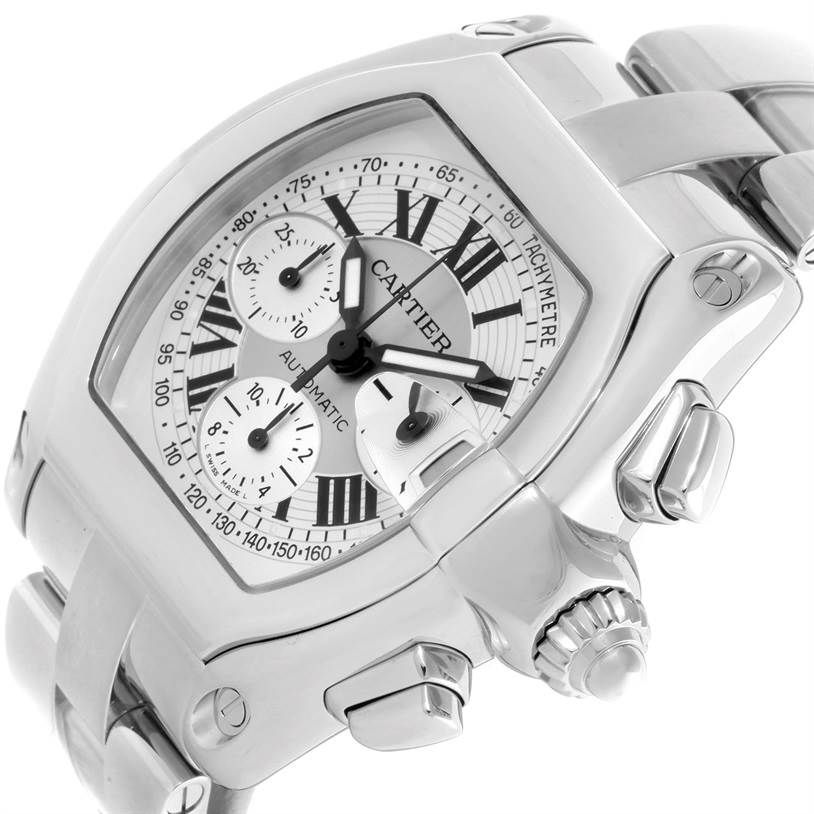 This is a close-up view of the Cartier Roadster W62006X6 Men's Stainless Steel Silver Dial W62006X6 Men's Stainless Steel Silver Dial watch, showing the face, buttons, crown, and part of the bracelet at an angle.