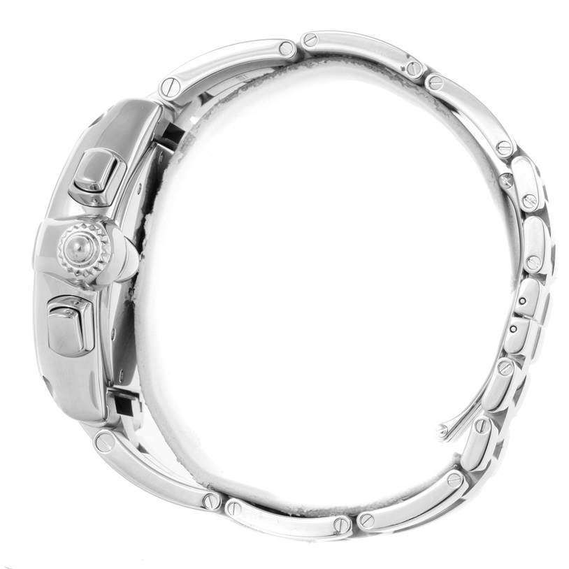 The Cartier Roadster W62006X6 Men's Stainless Steel Silver Dial W62006X6 Men's Stainless Steel Silver Dial watch is shown in a side profile, displaying the crown, side buttons, and part of the metal bracelet.