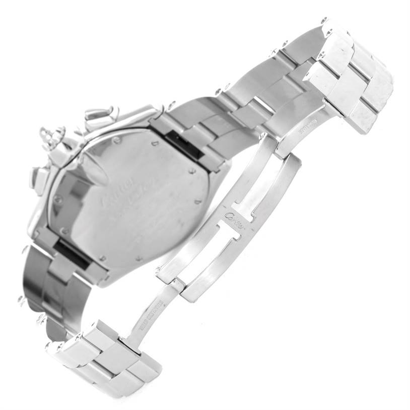 The image shows the back and partially opened stainless steel bracelet of the Cartier Roadster W62006X6 Men's Stainless Steel Silver Dial W62006X6 Men's Stainless Steel Silver Dial watch.