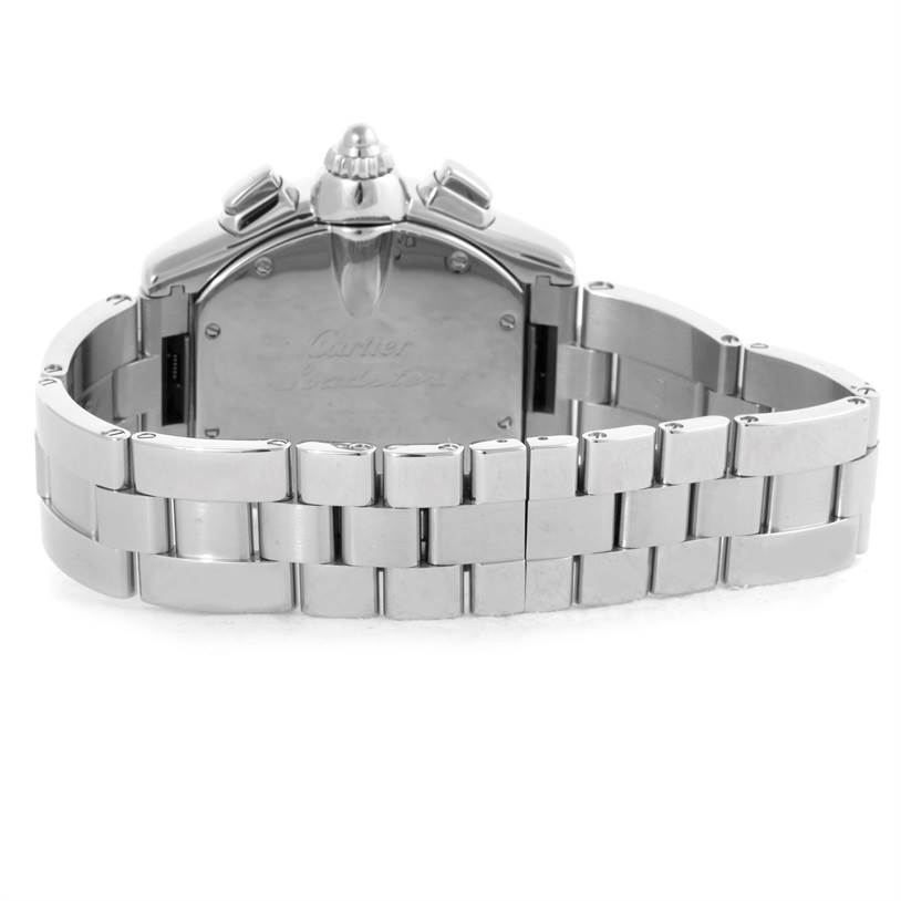 This image shows the back view of a Cartier Roadster W62006X6 Men's Stainless Steel Silver Dial W62006X6 Men's Stainless Steel Silver Dial watch, highlighting the case and metal bracelet.