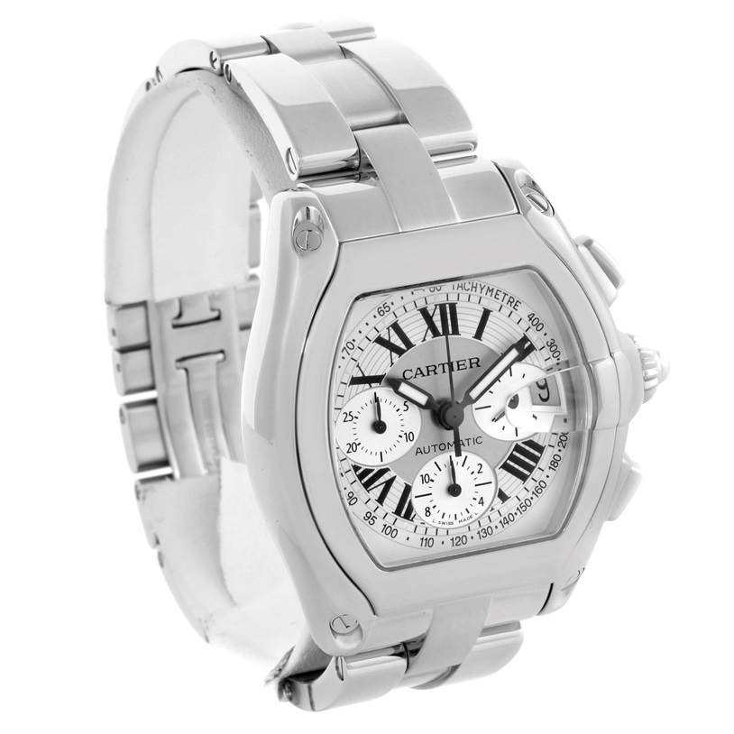 The Cartier Roadster W62006X6 Men's Stainless Steel Silver Dial W62006X6 Men's Stainless Steel Silver Dial watch is shown at a slight angle displaying its dial, bracelet, chronograph subdials, and date window.