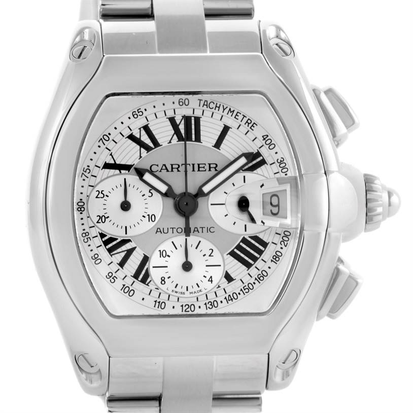 The image shows a front view of the Cartier Roadster W62006X6 Men's Stainless Steel Silver Dial W62006X6 Men's Stainless Steel Silver Dial watch, displaying its face, bezel, and bracelet.