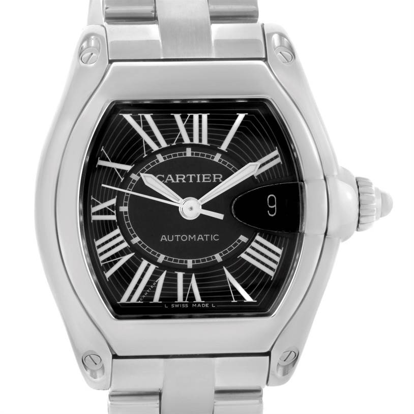 The image shows a front view of the Cartier Roadster W62041V3 Men's Stainless Steel Black Dial W62041V3 Men's Stainless Steel Black Dial model watch, highlighting its black dial, Roman numerals, and metallic bracelet.