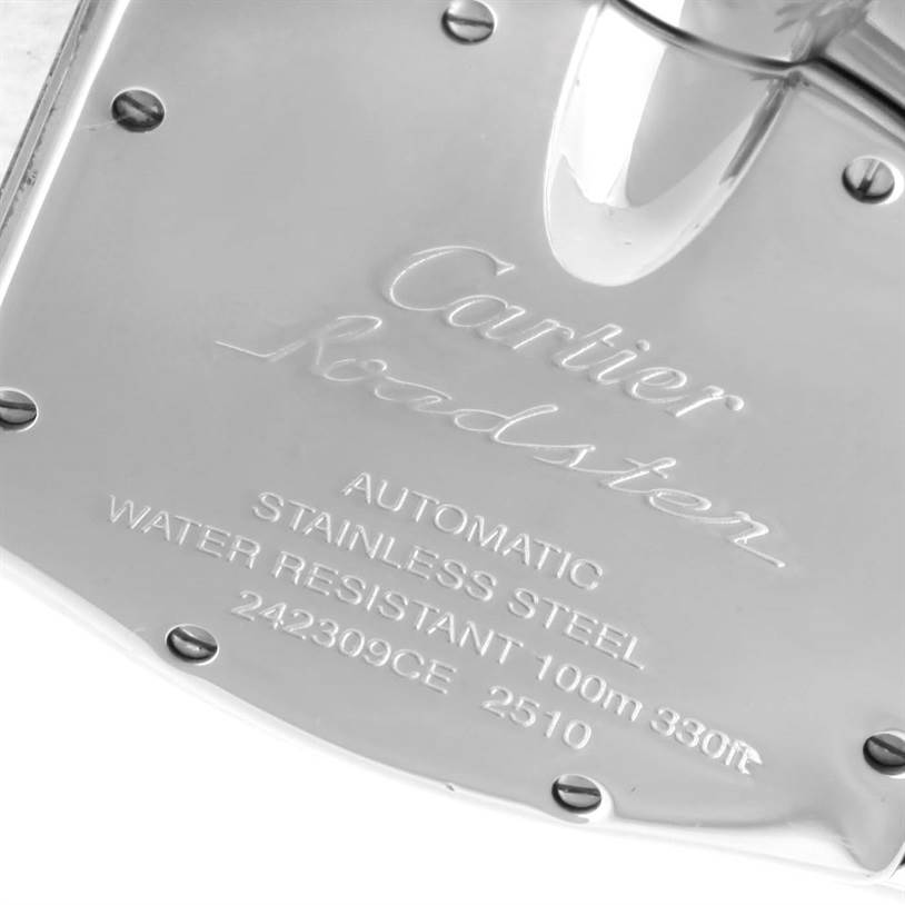 The image shows a close-up view of the back case of a Cartier Roadster W62041V3 Men's Stainless Steel Black Dial W62041V3 Men's Stainless Steel Black Dial watch, displaying model details and specifications.