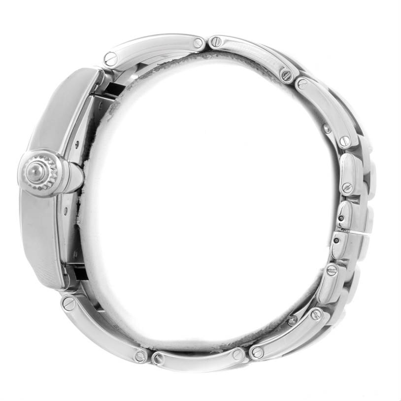 The image shows the side profile of a Cartier Roadster W62041V3 Men's Stainless Steel Black Dial W62041V3 Men's Stainless Steel Black Dial watch, highlighting its crown and metal bracelet.