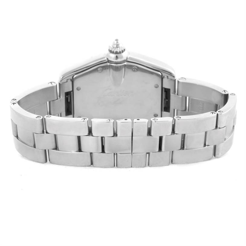 The image shows the back view of a Cartier Roadster W62041V3 Men's Stainless Steel Black Dial W62041V3 Men's Stainless Steel Black Dial watch, focusing on its stainless steel bracelet and case back.