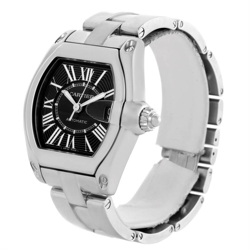 The Cartier Roadster W62041V3 Men's Stainless Steel Black Dial W62041V3 Men's Stainless Steel Black Dial watch is shown from an angle highlighting its face, bezel, crown, and bracelet.