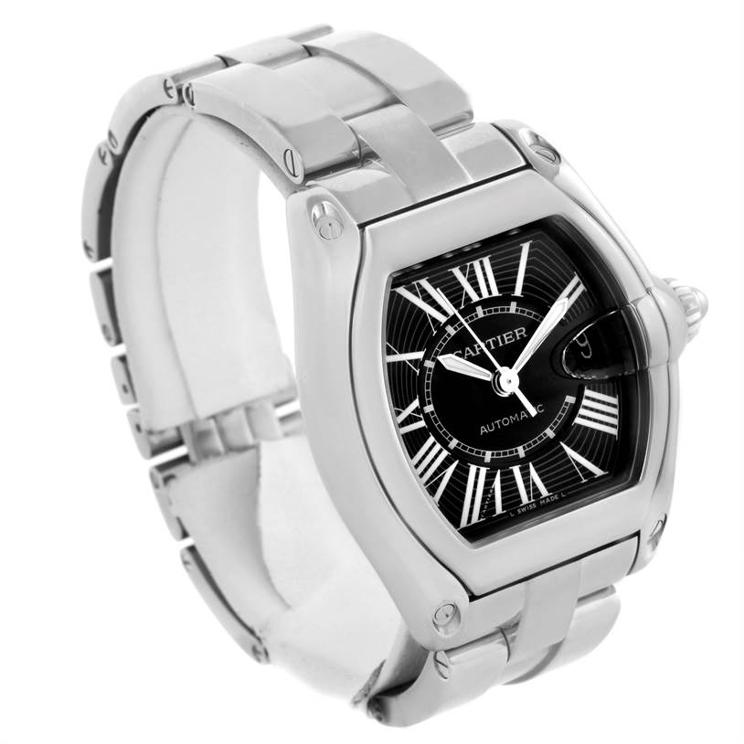 The image shows a Cartier Roadster W62041V3 Men's Stainless Steel Black Dial W62041V3 Men's Stainless Steel Black Dial watch from an angled side view, featuring the face, bezel, and a segment of the bracelet.
