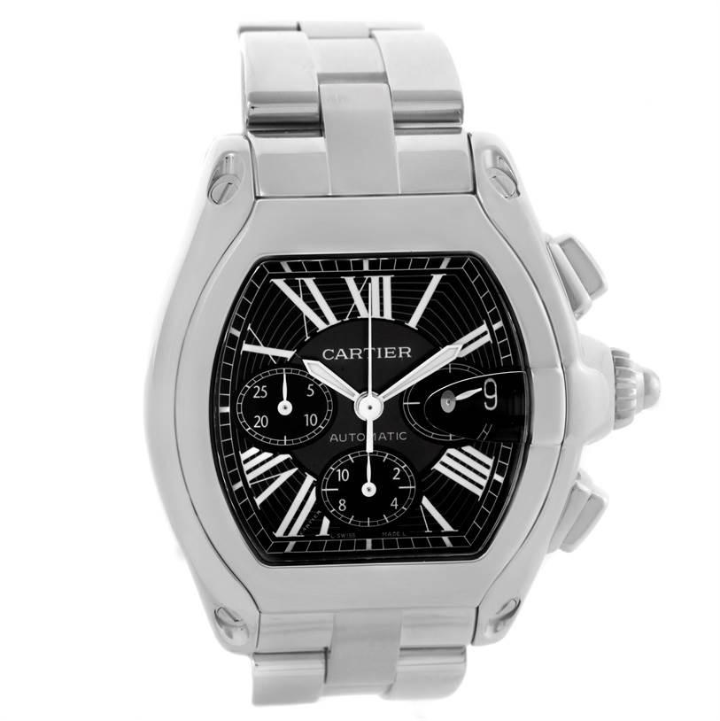 The image shows a front view of the Cartier Roadster W62020X6 Men's Stainless Steel Black Dial W62020X6 Men's Stainless Steel Black Dial watch, highlighting its face, band, and side buttons.