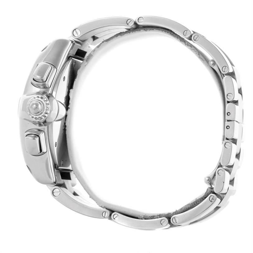 The image shows a side view of the Cartier Roadster W62020X6 Men's Stainless Steel Black Dial W62020X6 Men's Stainless Steel Black Dial watch, highlighting the crown, pushers, and part of the bracelet.