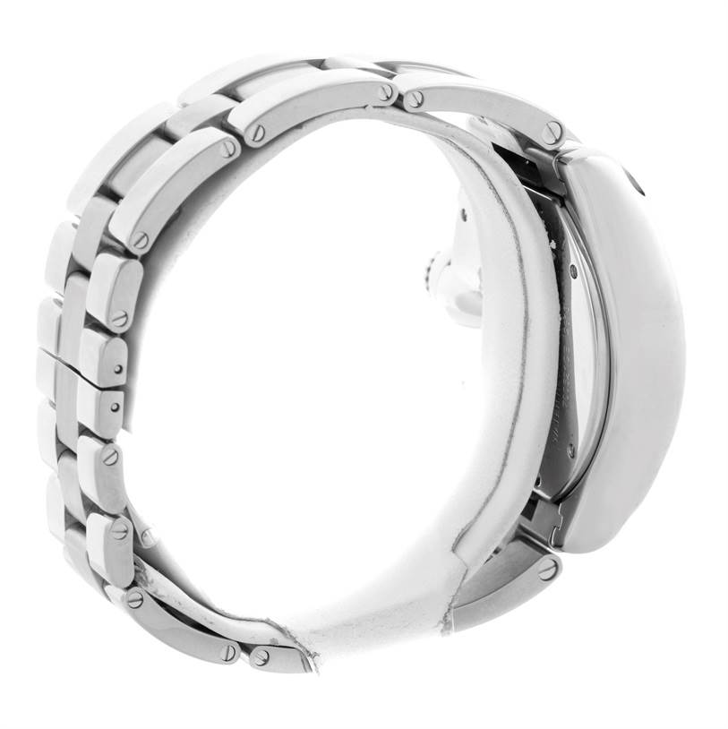 The image shows a side view of a Cartier Roadster W62020X6 Men's Stainless Steel Black Dial W62020X6 Men's Stainless Steel Black Dial watch, highlighting its metal bracelet and case.