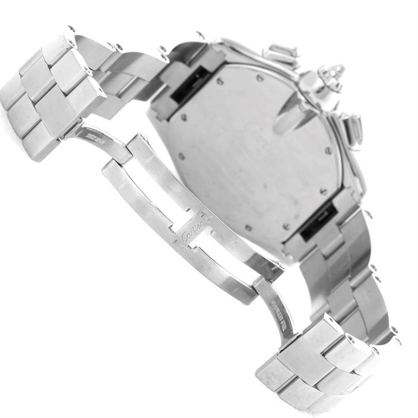 The image shows the underside and clasp mechanism of a Cartier Roadster W62020X6 Men's Stainless Steel Black Dial W62020X6 Men's Stainless Steel Black Dial watch.