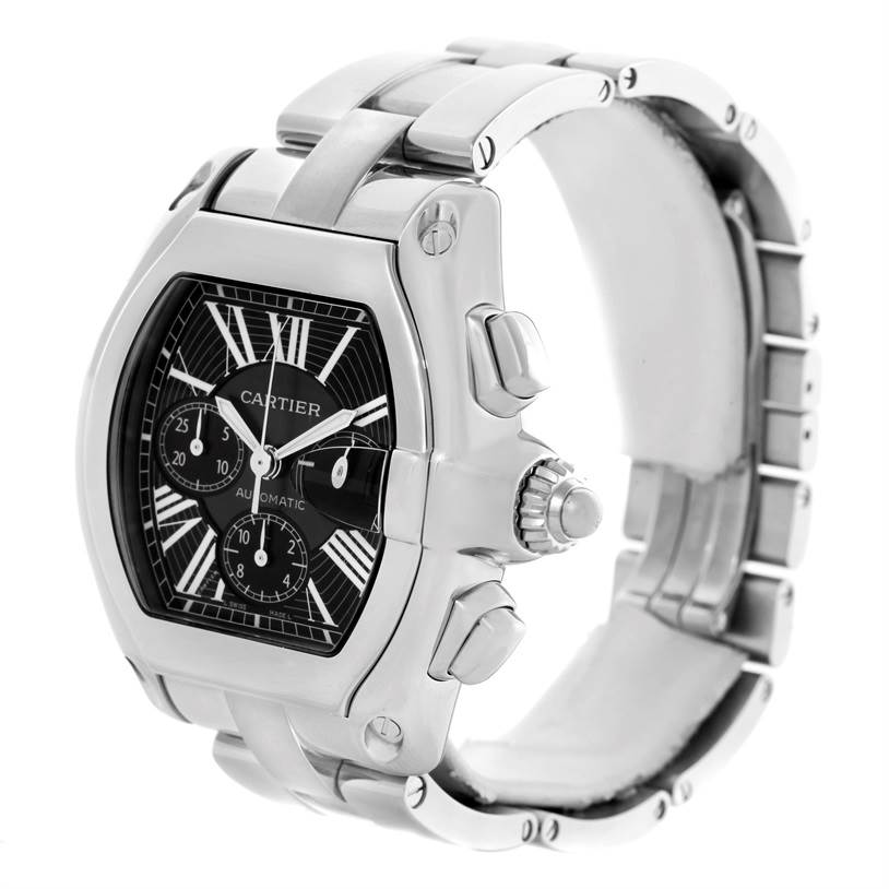 The Cartier Roadster W62020X6 Men's Stainless Steel Black Dial W62020X6 Men's Stainless Steel Black Dial watch is shown at a slight angle, displaying its face, bracelet, and side buttons.