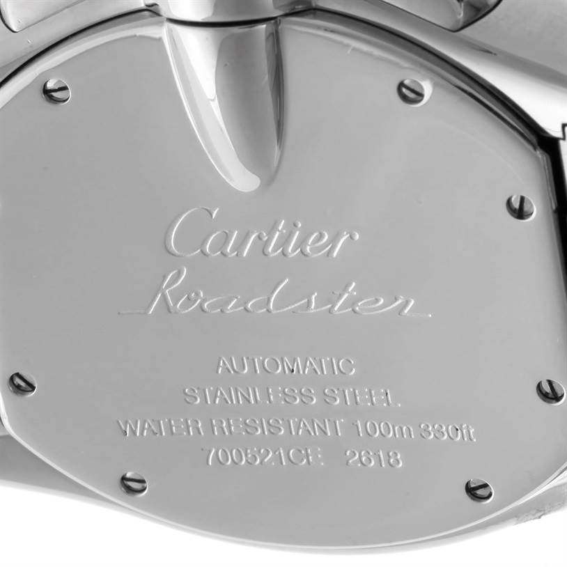This image shows the back casing of a Cartier Roadster W62020X6 Men's Stainless Steel Black Dial W62020X6 Men's Stainless Steel Black Dial watch, highlighting the model, brand, and specifications.