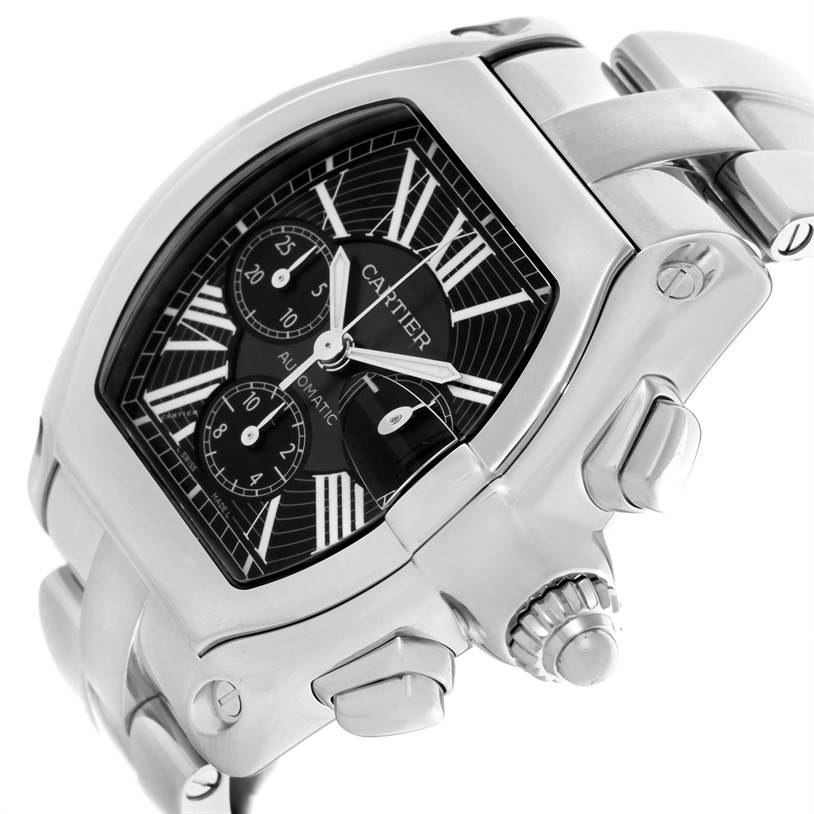 This image shows a Cartier Roadster W62020X6 Men's Stainless Steel Black Dial W62020X6 Men's Stainless Steel Black Dial watch at a close-up angle displaying the face, crown, pushers, and part of the bracelet.