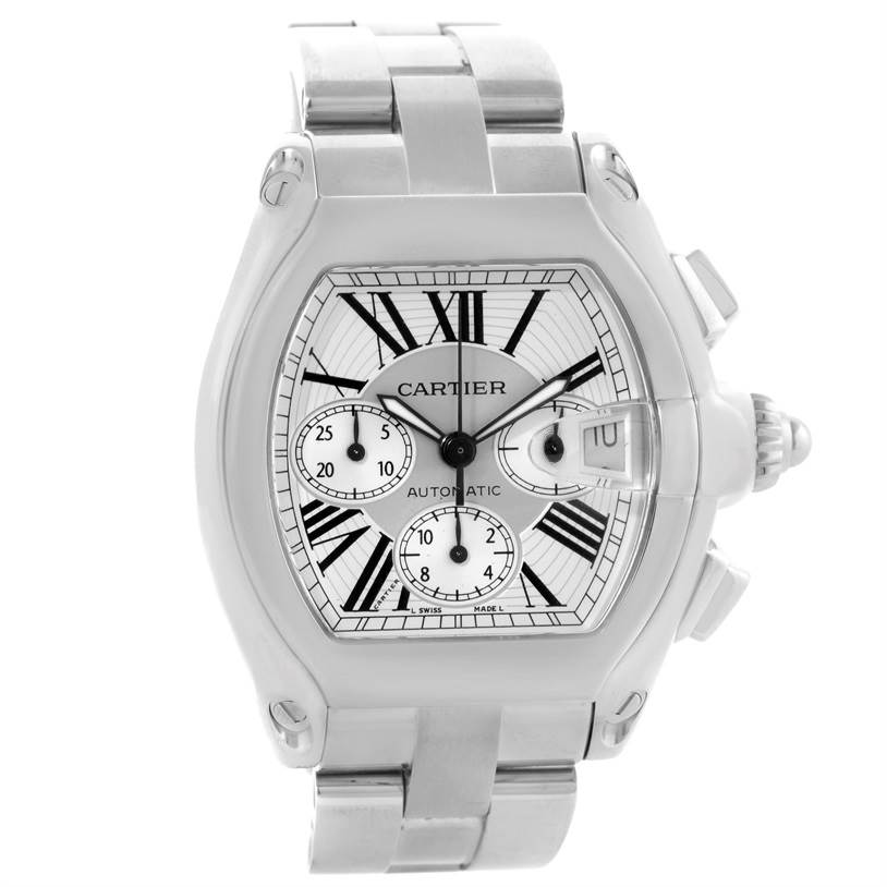 This image shows a frontal view of the Cartier Roadster W62019X6 Men's Stainless Steel Silver Dial W62019X6 Men's Stainless Steel Silver Dial watch, displaying its face, case, and part of the bracelet.