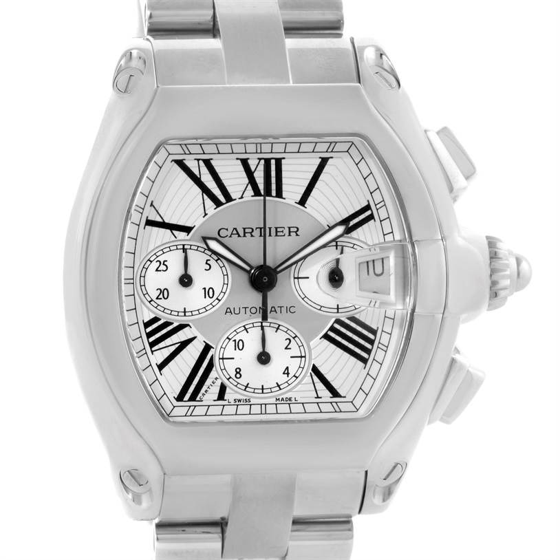 The image shows a front view of the Cartier Roadster W62019X6 Men's Stainless Steel Silver Dial W62019X6 Men's Stainless Steel Silver Dial watch, highlighting its dial, subdials, crown, and part of the bracelet.