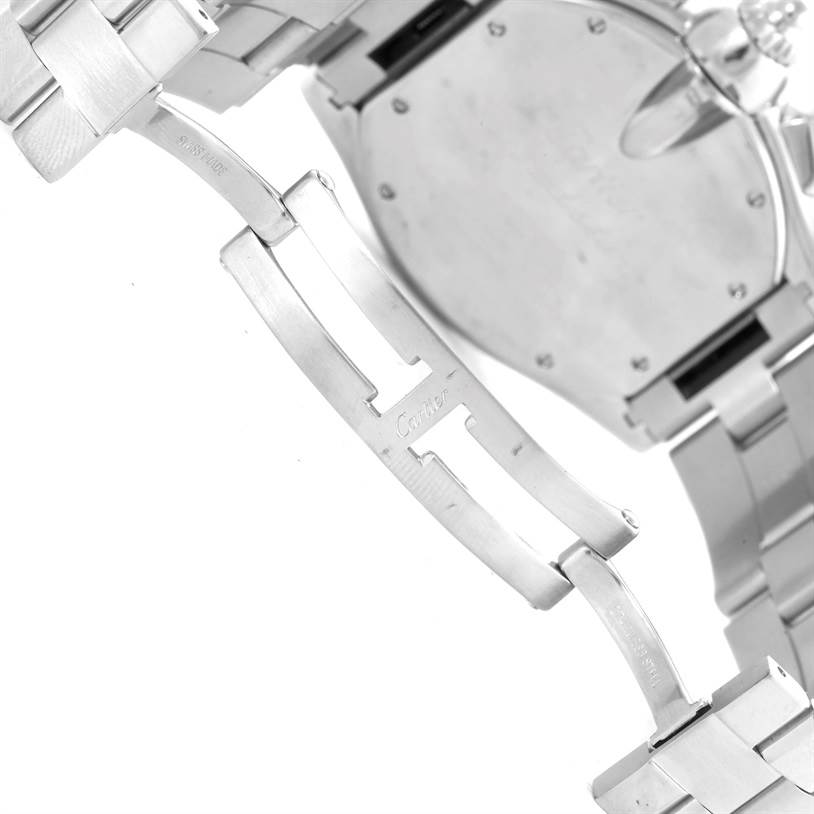 The image shows parts of the bracelet and clasp of a Cartier Roadster W62019X6 Men's Stainless Steel Silver Dial W62019X6 Men's Stainless Steel Silver Dial watch, viewed from the underside.