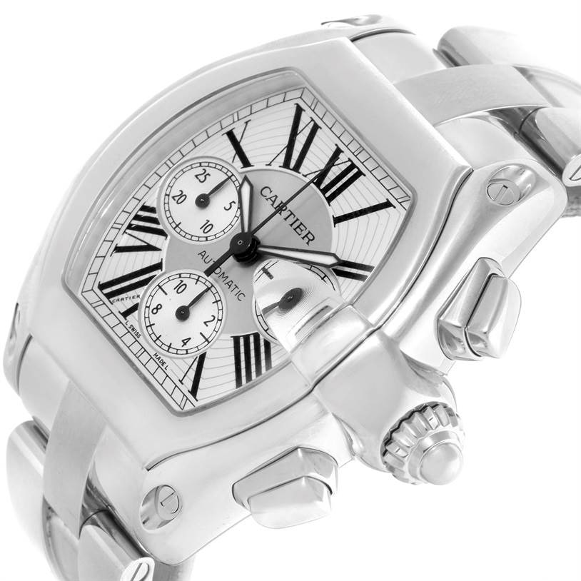 The Cartier Roadster W62019X6 Men's Stainless Steel Silver Dial W62019X6 Men's Stainless Steel Silver Dial watch is shown from an angled close-up view, highlighting its dial, crown, and part of the bracelet.