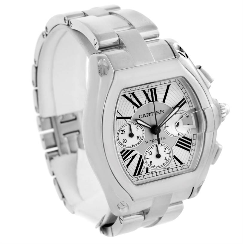 The image shows a Cartier Roadster W62019X6 Men's Stainless Steel Silver Dial W62019X6 Men's Stainless Steel Silver Dial watch angled from the front and left side, highlighting its face, band, and crown.