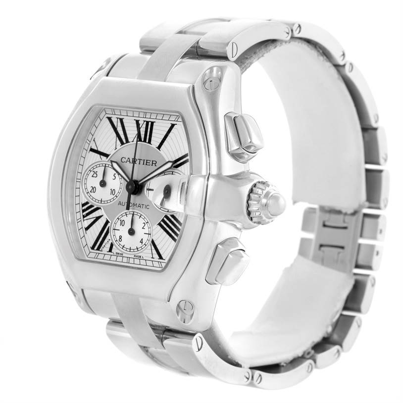 This image shows a side-angle view of the Cartier Roadster W62019X6 Men's Stainless Steel Silver Dial W62019X6 Men's Stainless Steel Silver Dial watch, highlighting its dial, bezel, pushers, and bracelet.