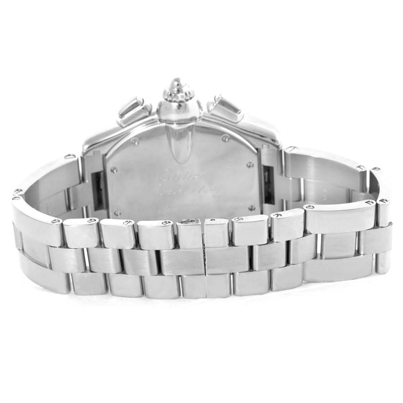 This image shows the back view of a Cartier Roadster W62019X6 Men's Stainless Steel Silver Dial W62019X6 Men's Stainless Steel Silver Dial watch, featuring its case, crown, and metal bracelet.