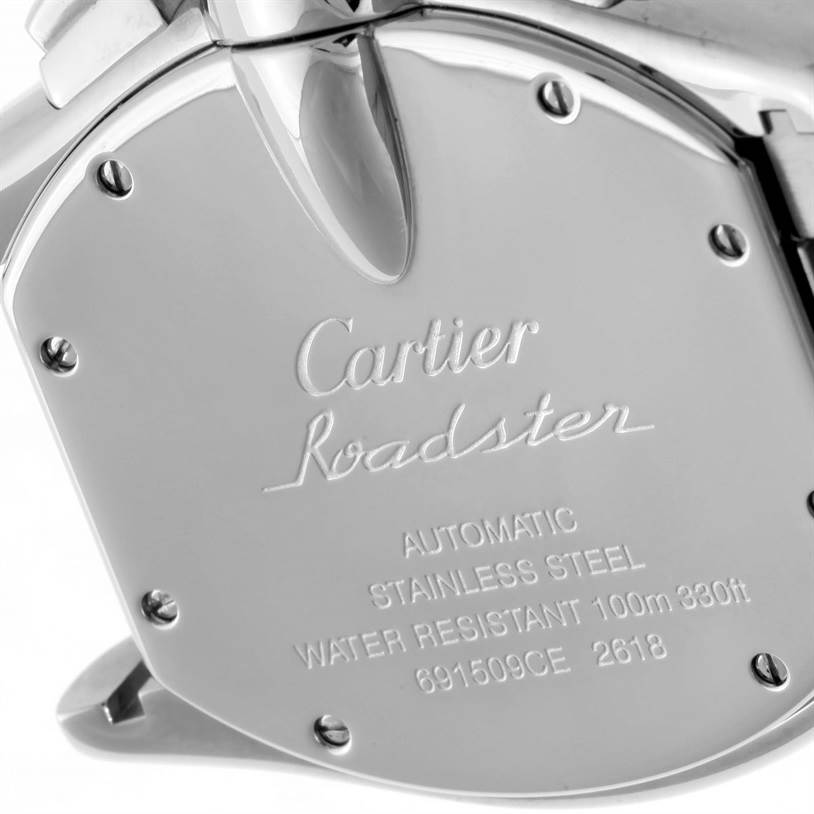 The image shows the case back of the Cartier Roadster W62019X6 Men's Stainless Steel Silver Dial W62019X6 Men's Stainless Steel Silver Dial watch, highlighting its specifications and engravings.