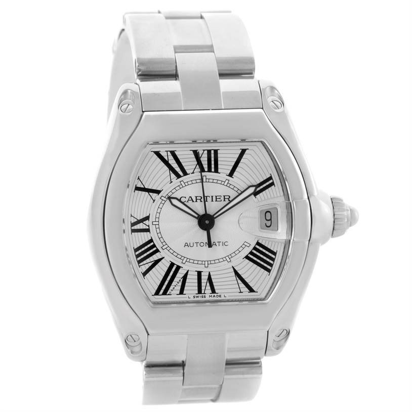The image shows a front view of a Cartier Roadster W62025V3 Men's Stainless Steel Silver Dial W62025V3 Men's Stainless Steel Silver Dial watch, highlighting its face, dial, and stainless steel bracelet.