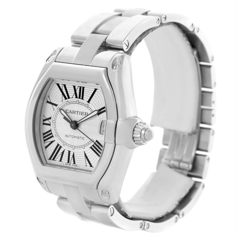 The image shows a Cartier Roadster W62025V3 Men's Stainless Steel Silver Dial W62025V3 Men's Stainless Steel Silver Dial watch at an angle highlighting the dial, bezel, crown, and stainless steel bracelet.